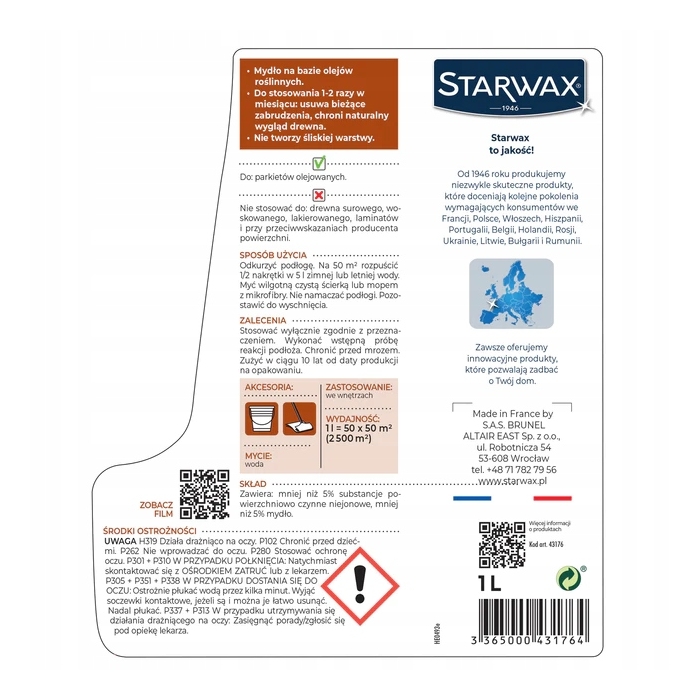 STARWAX MYDŁO PIELĘGNACYJNE PARKIETY OLEJOWE 1L 43176