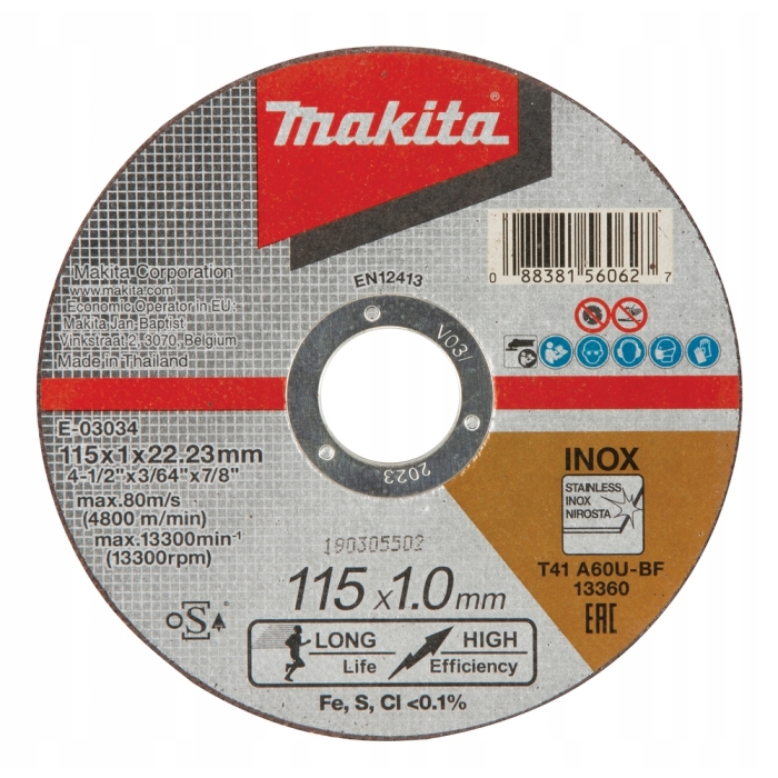 Tarcza tnąca do metalu i stali Makita INOX 115x1,0x22,2mm E-03034
