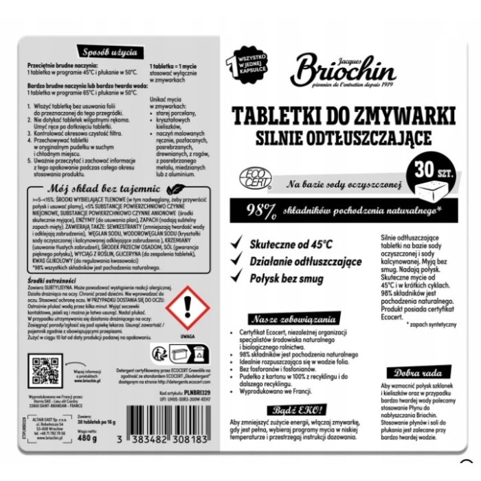 Briochin Tabletki do zmywarki, silnie odtłuszczające, 30 sztuk